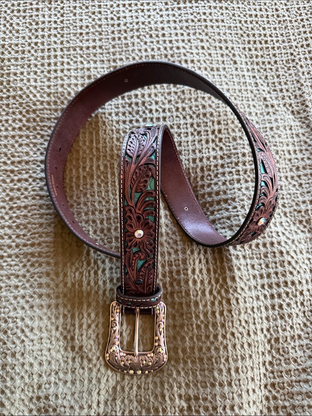 Ariat Brown Leather Tooled Belt with Teal & Rhinestone Accents.